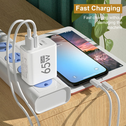 65W 3-Port GaN USB PD Fast Charger with Quick Charge 3.0 for iPhone 15, Samsung, Xiaomi, Huawei