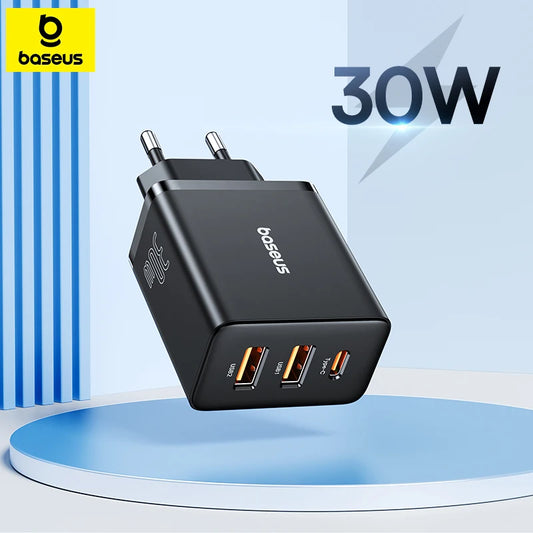 Baseus 30W USB Charger QC3.0 PD3.0 Type C PD Fast Charging 3 Ports Quick Phone Charger For iPhone 15 14 13Pro Max Xiaomi Samsung