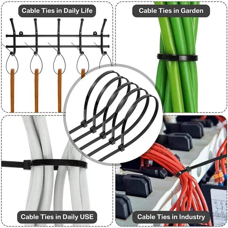 500/100 Pcs Plastic Nylon Cable Ties - Self-locking Cord Ties Straps, Adjustable Cable Fastening Loop for Home & Office Wire Management, Zip Ties