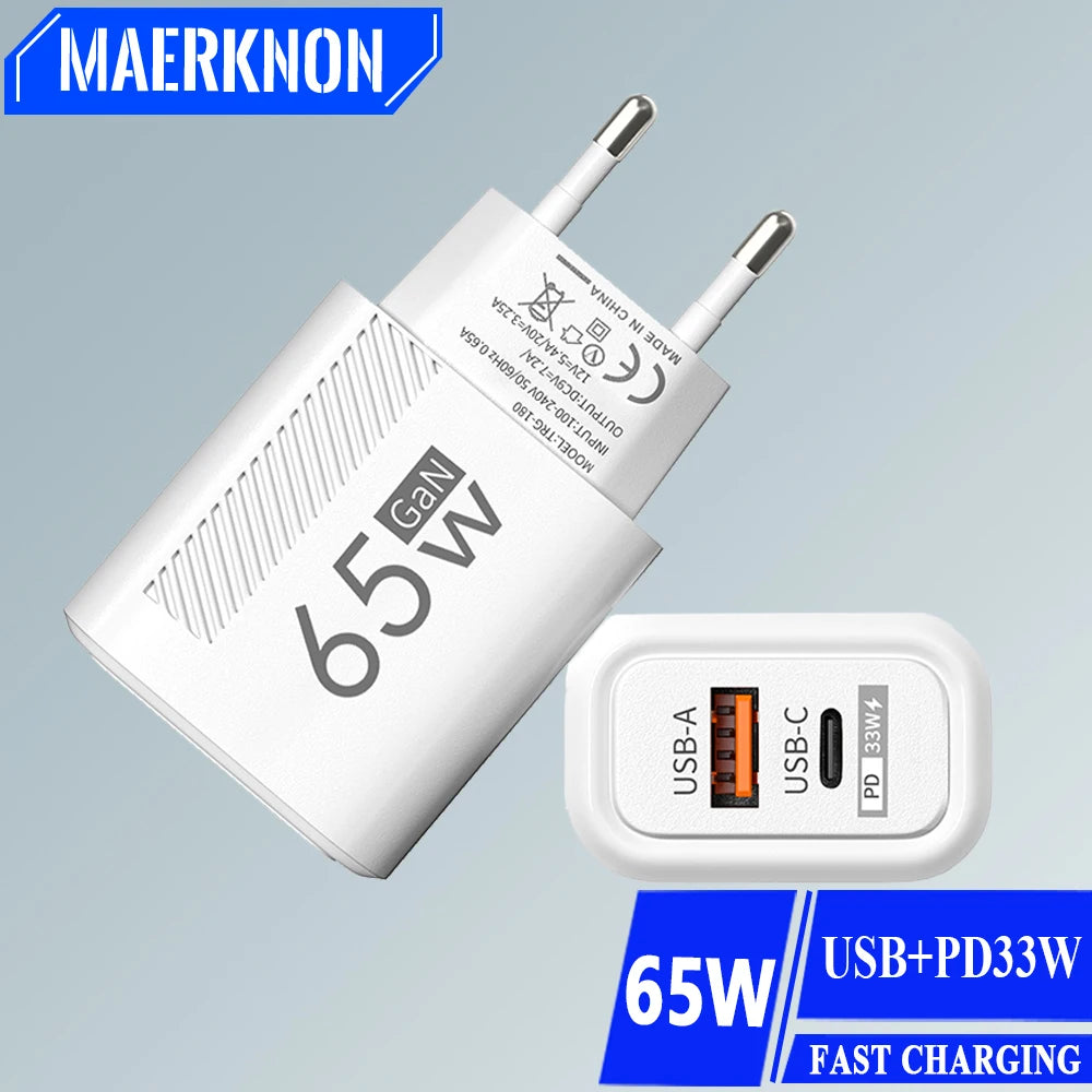 65W GaN USB-C Fast Charger PD 3.0 Quick Charger Wall Adapter for iPhone, Xiaomi, Samsung, OnePlus, POCO (EU/US Plug)