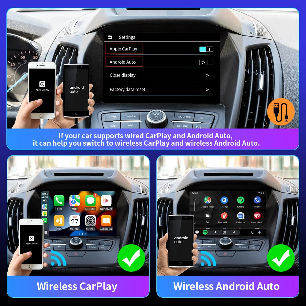 CarAIBOX 2in1 Wireless CarPlay & Android Auto Dongle for Car Radios with Wired CarPlay