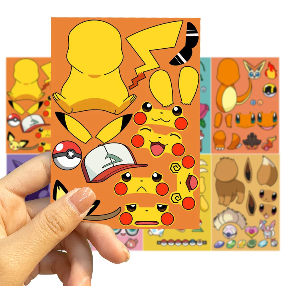 32Sheets Children DIY Puzzle Sticker Pokemon Face Funny Anime Pikachu Assemble Stickers Kids Toys Boys Girls Gifts