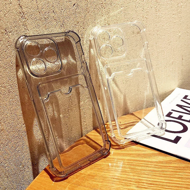 Transparent Card Slot Bag Holder Case For iPhone 14/13/11/12/15 Pro Max Mini X XR XS 7 8 Plus - Clear Shockproof Soft Wallet Cover