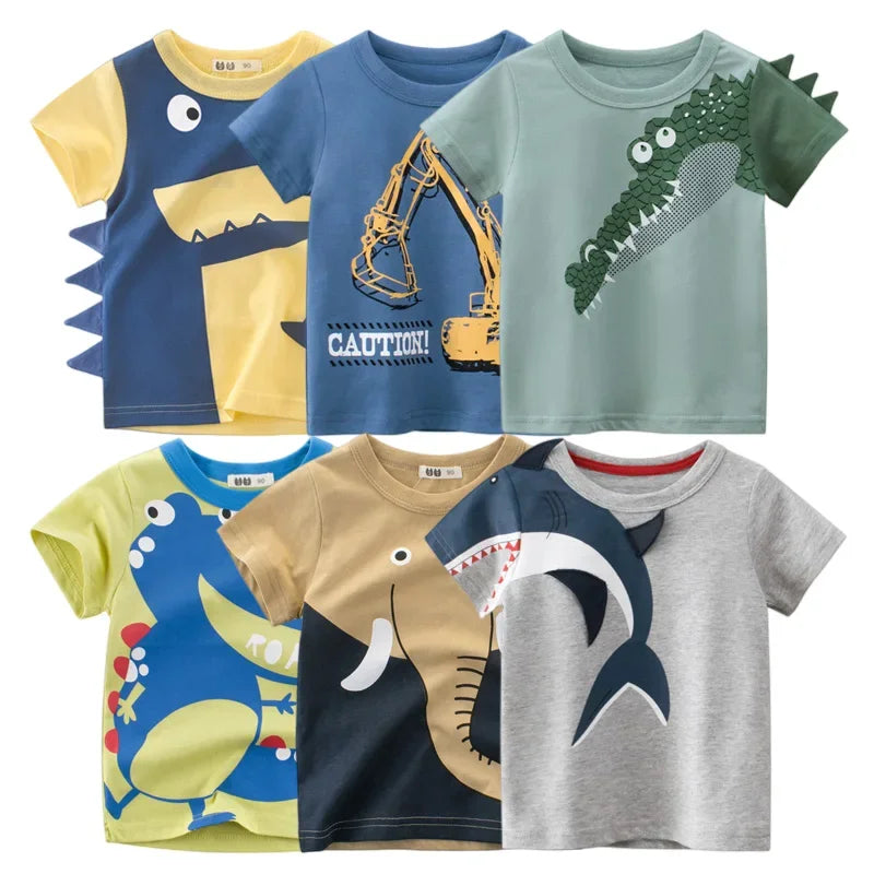 2024 Summer 3D Cartoon T-Shirt for Kids - Dinosaur & Shark Animal Print