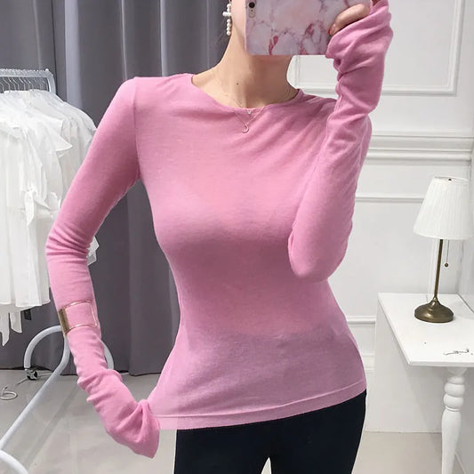 Shintimes Sexy Shirt Women T-Shirt Long Sleeve Korean Style Slim Basic Elasticity Tshirt Top Womens Clothing T Shirt Femme