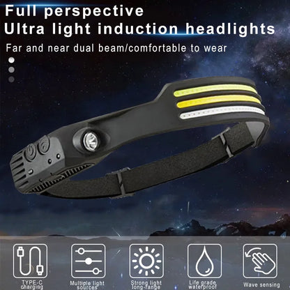 Induction Headlamp COB LED Sensor Head Lamp Built-in Battery Flashlight USB Rechargeable Head Torch 5 Lighting Modes Headlight