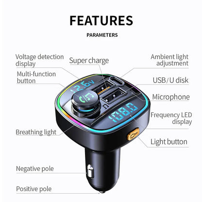 Bluetooth 5.0 FM Transmitter Handsfree Car Radio Modulator MP3 Player with 22.5W USB Super Quick Charge Adapter