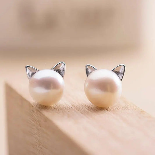 C Fashion Silver Color Small Pearl Cat & Daisy Flower Stud Earrings for Women & Girls