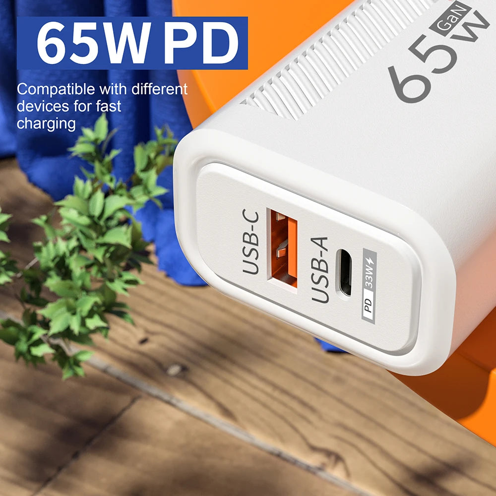 65W GaN USB-C Fast Charger PD 3.0 Quick Charger Wall Adapter for iPhone, Xiaomi, Samsung, OnePlus, POCO (EU/US Plug)