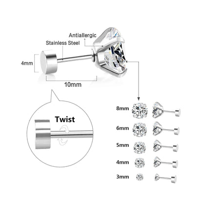 Elegant Crystal Stud Earrings - Stainless Steel, 4 Prong Round Cubic Zirconia (1 Pair)