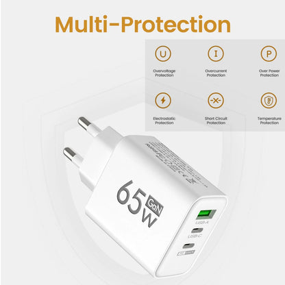 65W 3-Port GaN USB PD Fast Charger with Quick Charge 3.0 for iPhone 15, Samsung, Xiaomi, Huawei