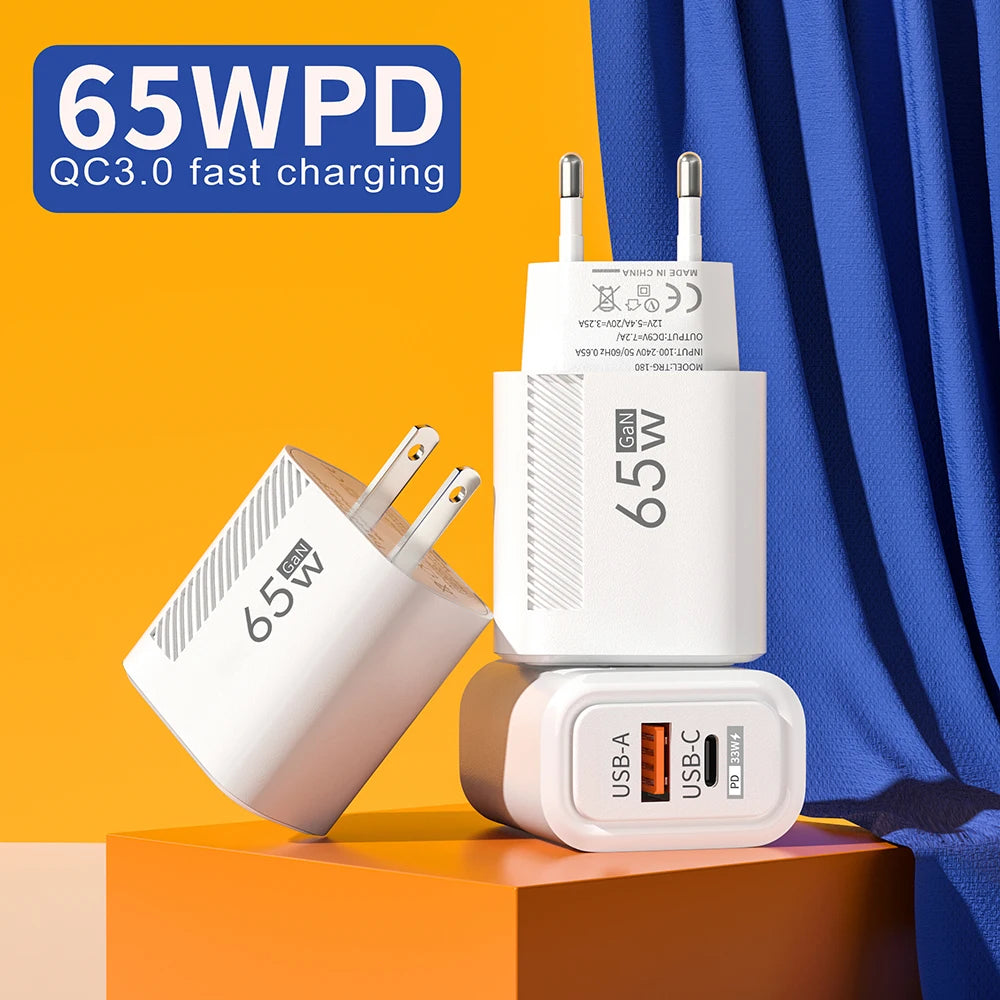 65W GaN USB-C Fast Charger PD 3.0 Quick Charger Wall Adapter for iPhone, Xiaomi, Samsung, OnePlus, POCO (EU/US Plug)