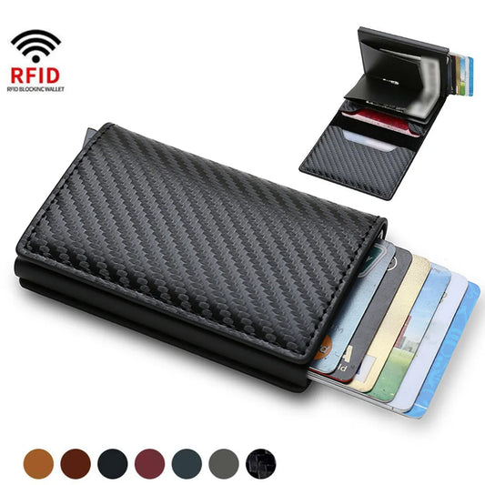 Carbon Fiber Slim Aluminum Men’s Wallet - RFID Blocking, Automatic Pop-Up Card Holder - Black (2023)