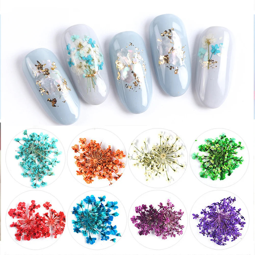 12Grid-3D Dried Flower For Nail Charms Natural Floral Sticker Mix Dry Flower DIY Colorful Decals UV Gel Polish Nail Art Manicure