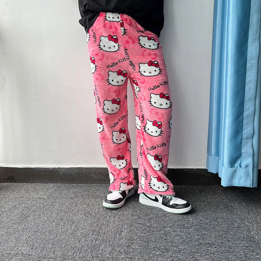 Hello Kitty Women's Black Flannel Pajamas - Warm Woolen Cartoon Casual Home Pants for Autumn and Winter