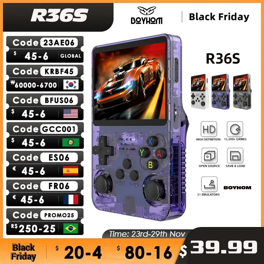 Open Source R36S Retro Handheld Video Game Console Linux System 3.5 Inch IPS Screen Portable Pocket Video Player R35S 64GB Games