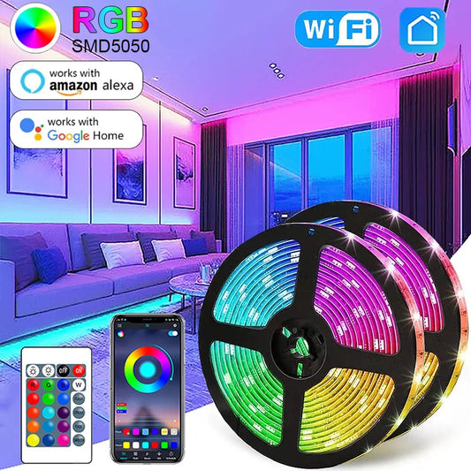 Multicolor LED Strip Light with WIFI & Bluetooth Control - Flexible 5050 RGB Strip, USB Powered, 1M-30M Lengths for TV Backlight and Room Decoration