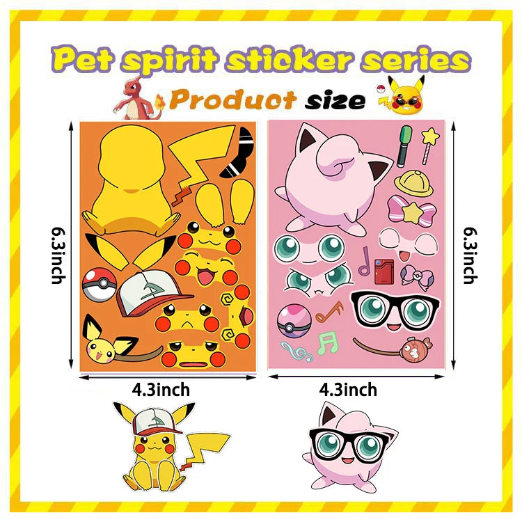 32Sheets Children DIY Puzzle Sticker Pokemon Face Funny Anime Pikachu Assemble Stickers Kids Toys Boys Girls Gifts